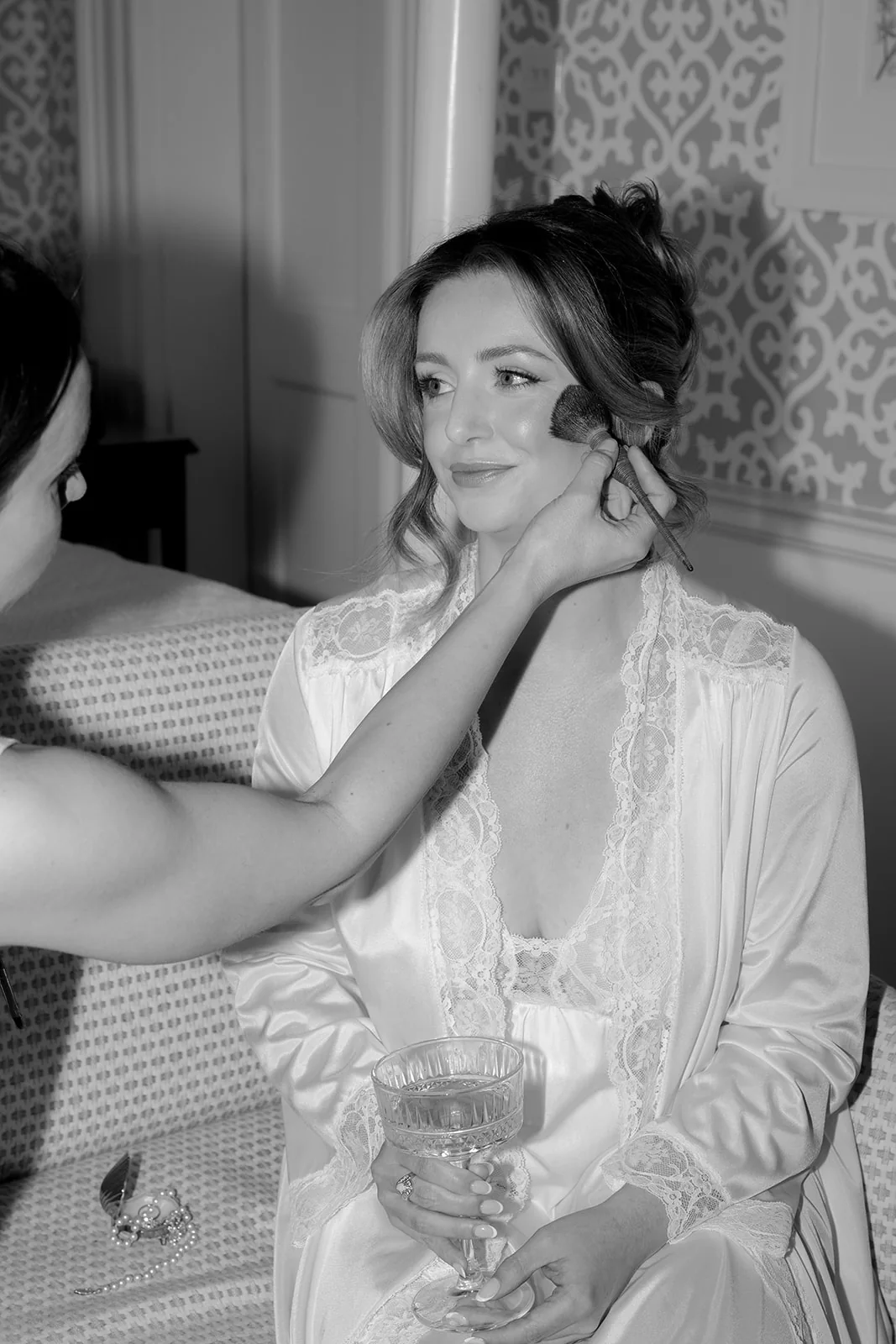 Black and white bridal makeup preparation by Liz Patey
