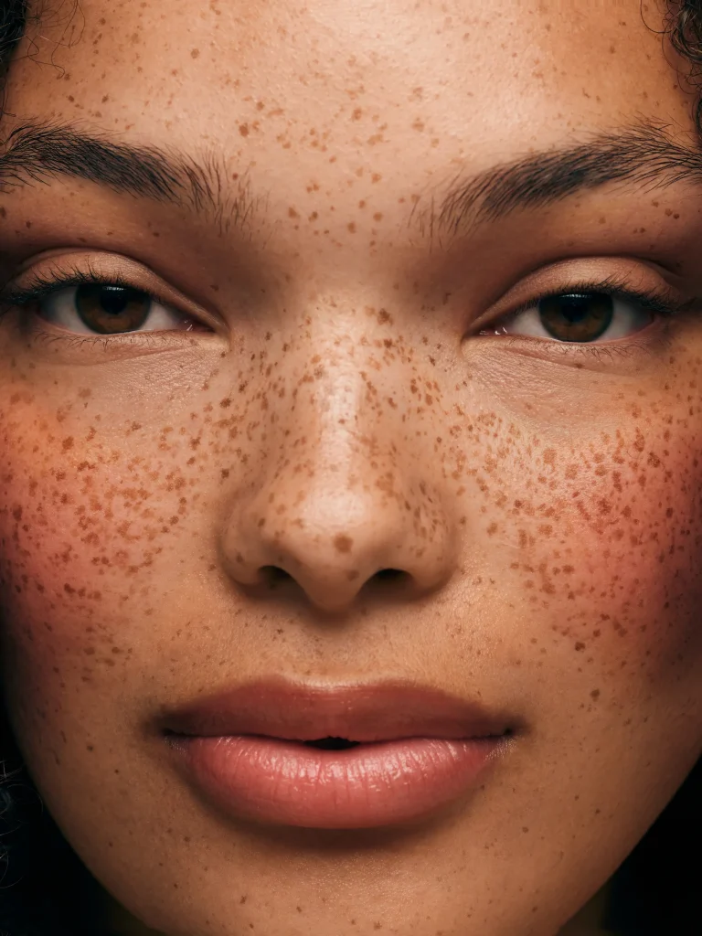 Close-up editorial makeup look by Liz Patey