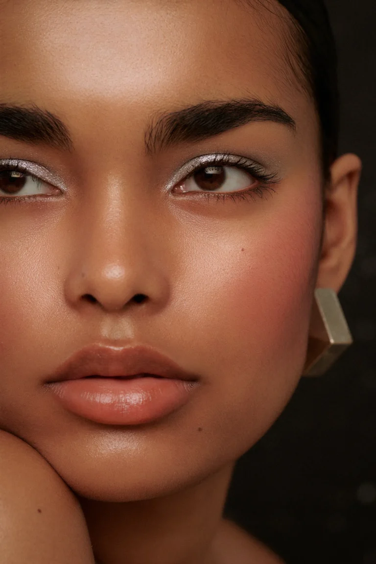 Close-up silver eye editorial makeup by Liz Patey